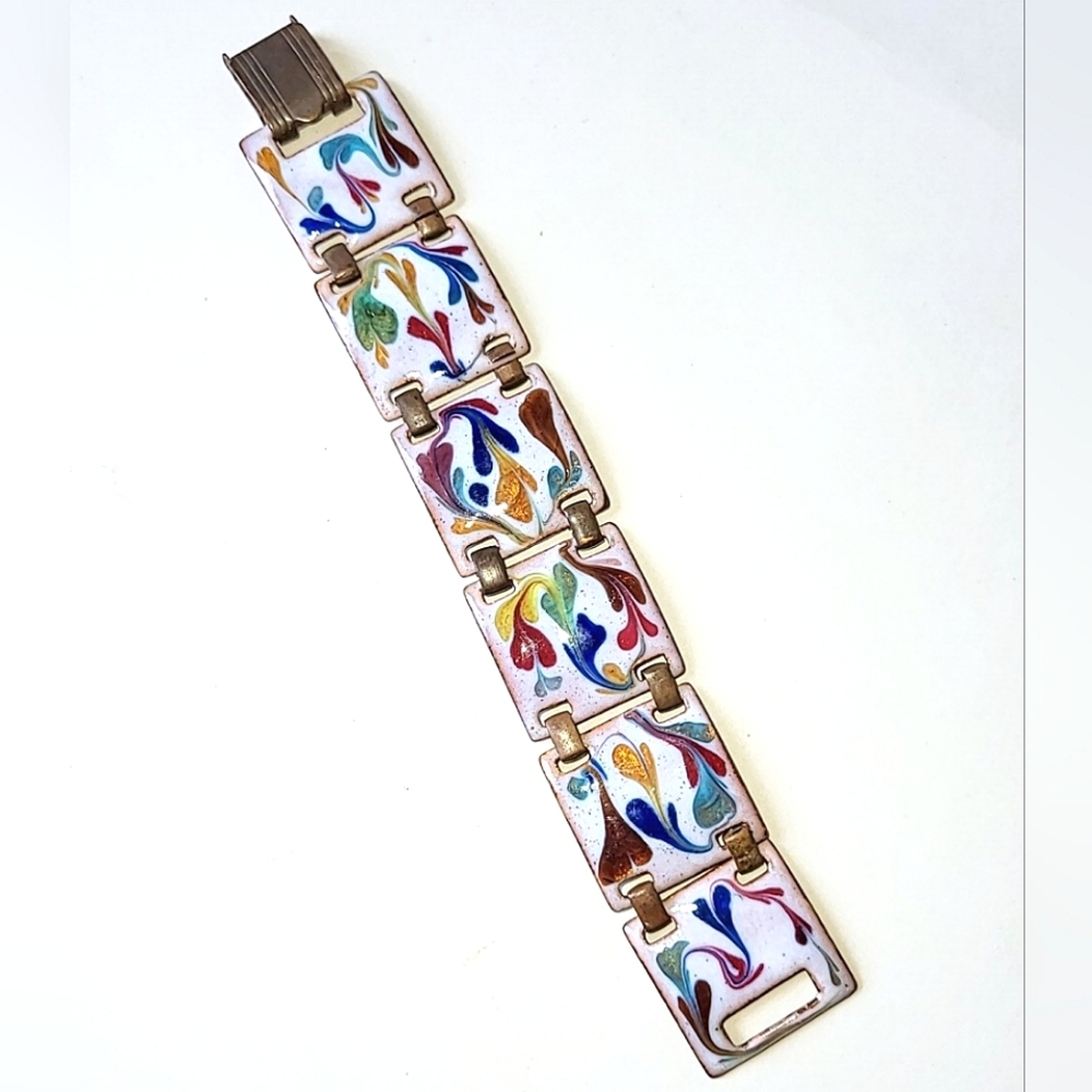 ENAMELED COPPER LINK BRACELET - VINTAGE but VERY SHORT 5 3/4" LENGTH - Picture 2 of 7